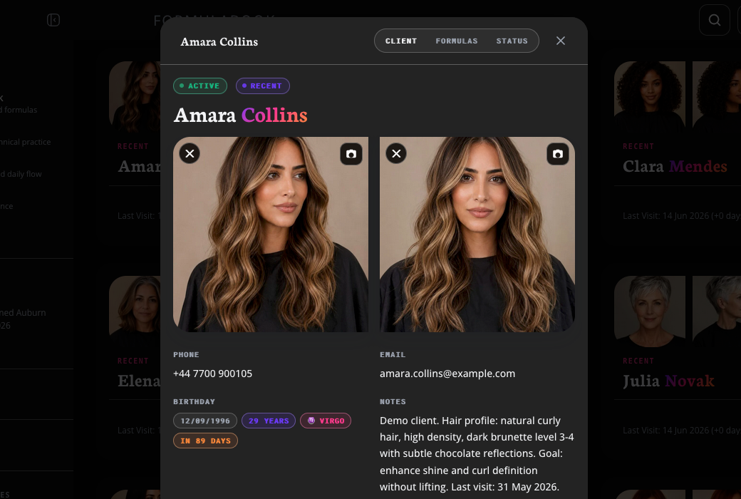 Client record modal with colour history
