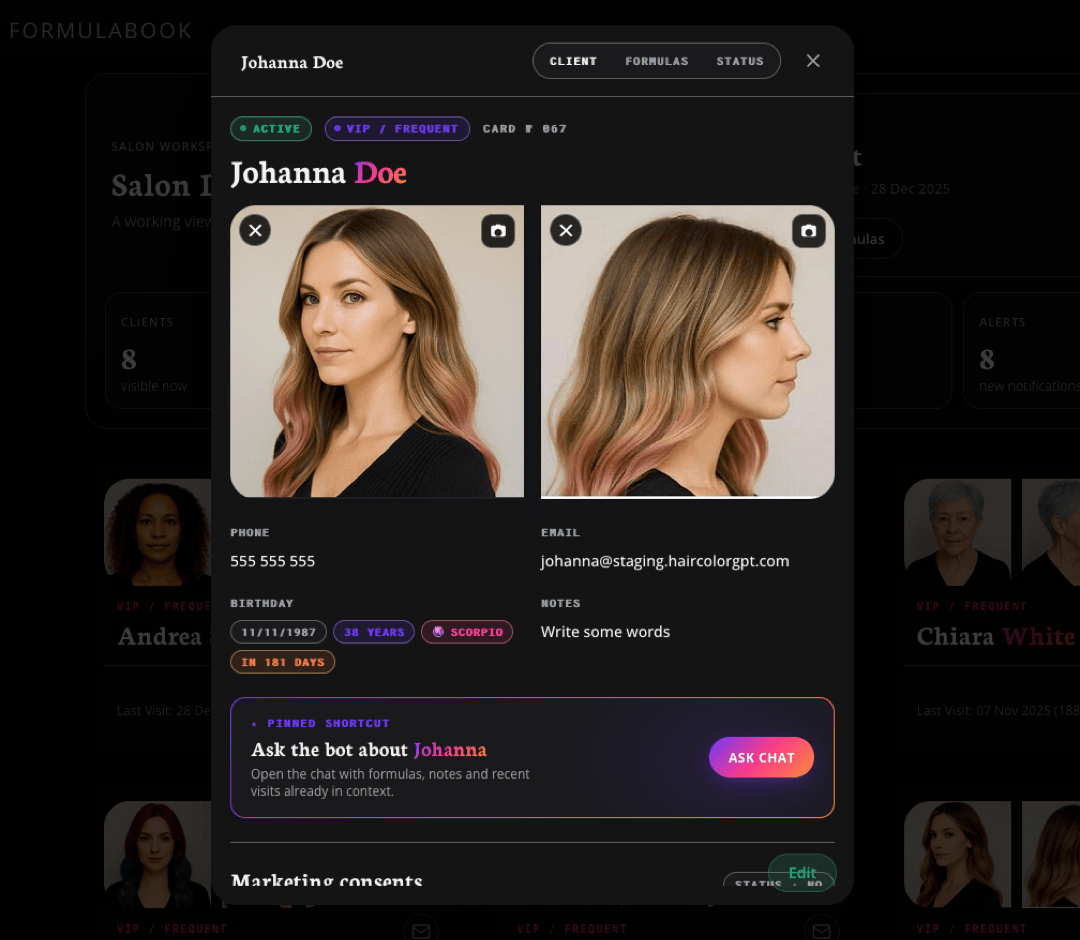 Workspace client profile connected to formula history