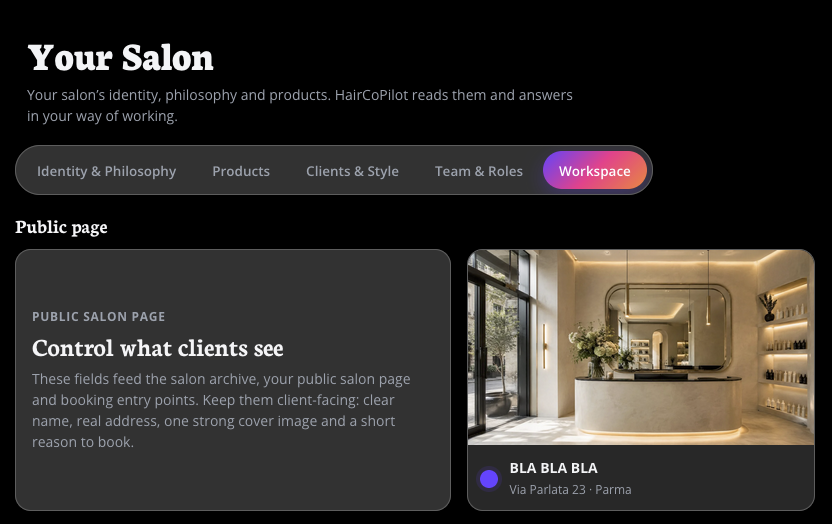 Your Salon public page and workspace identity