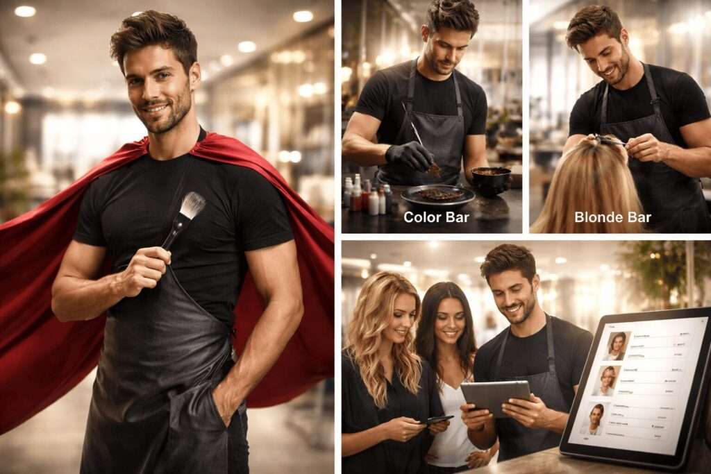 Collage of salon scenes showing a “superhero” hairdresser, colour mixing, foil highlighting, and a team reviewing formulas on a tablet.